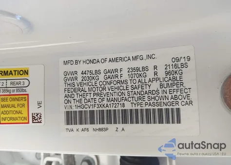 2019 Honda Accord Sport from USA, damaged, VIN 1HGCV1F3XKA172718